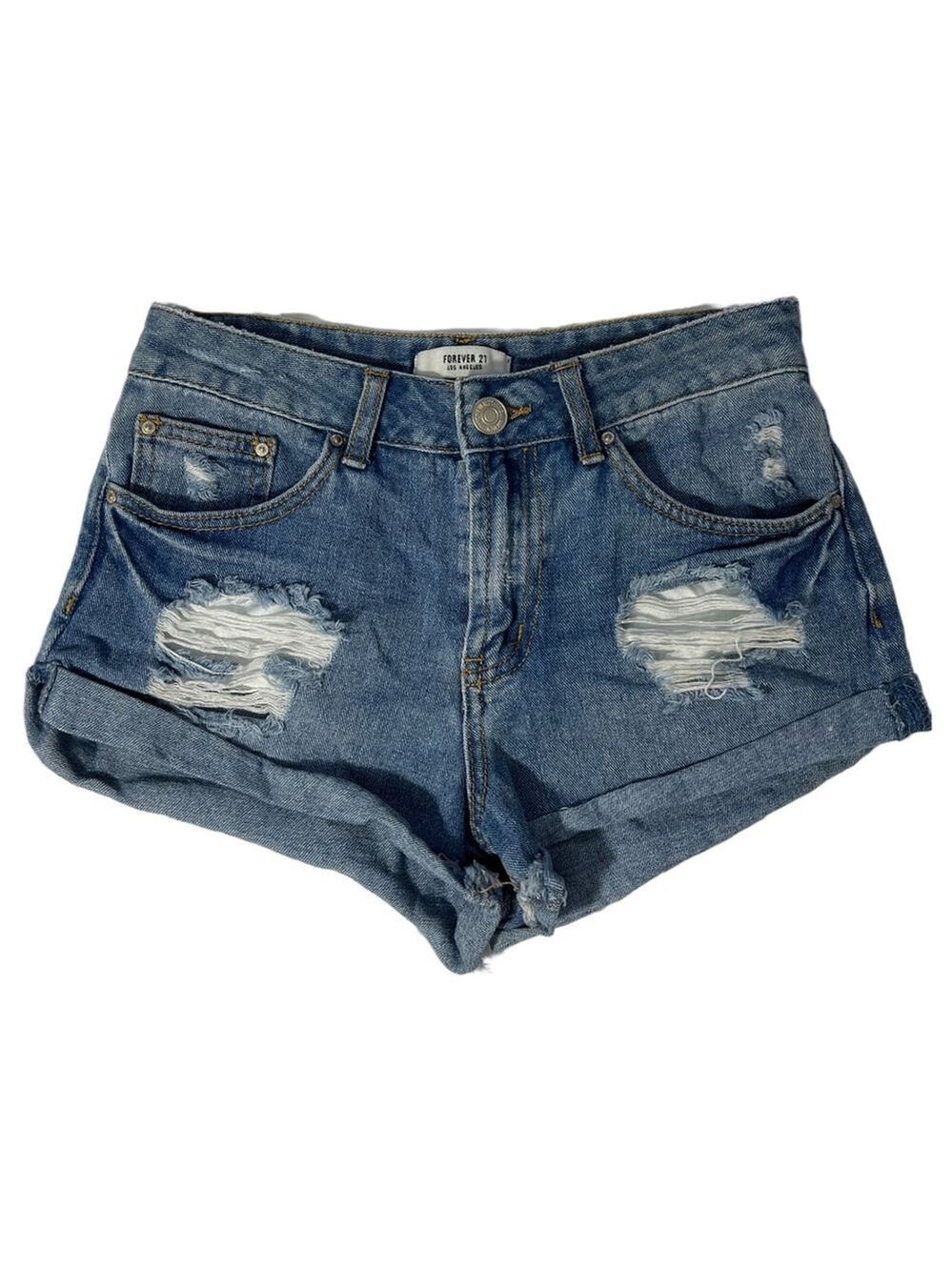 Forever 21 Distressed Button-Fly Mid-Rise Cuffed Denim Shorts – Size 25